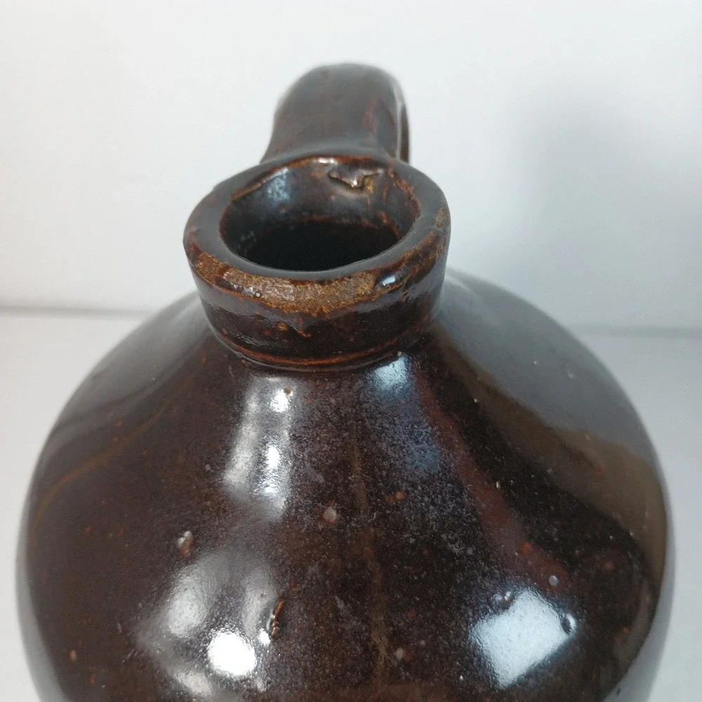 Antique Brown Stoneware Pottery Glazed Whiskey Milk Beehive Jug W/Handle 6.5x5